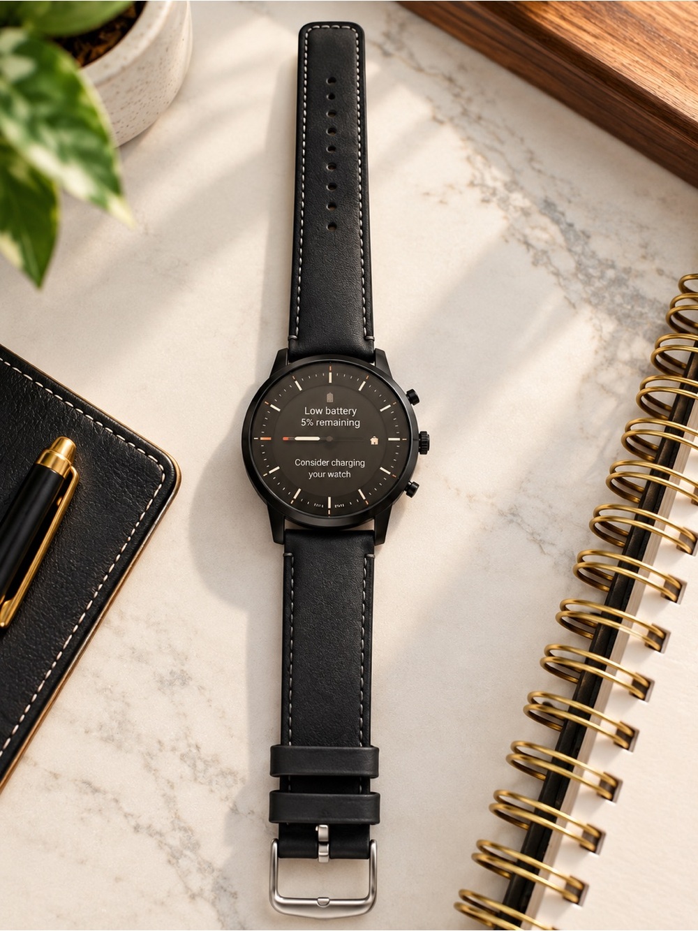 Fossil Black Leather Smartwatch with White Contrast Stitching